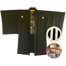 Men's Vintage Haori Samurai Kamon black silk JINJA NO O BASHI - Made in Japan