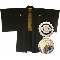 Men's antique Haori japanese kimono jacket Mokkou Montsuki Ikusa no Densho "Made in Japan"